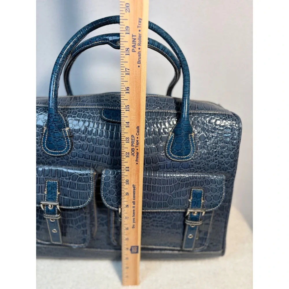 Rolling Laptop Bag Women Large Blue Excellent Faux Croc Embossed Travel Set